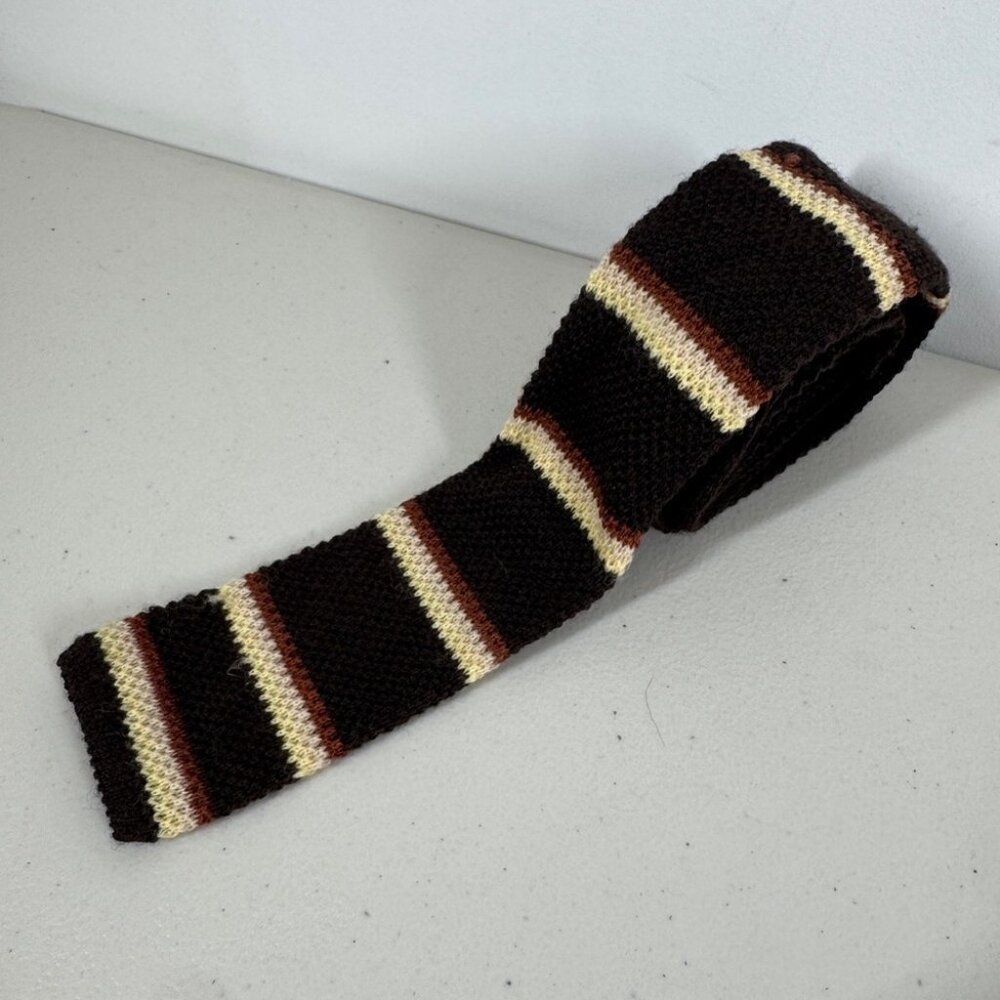 Vintage Yves Saint Laurent Paris Square Tip Knit Tie Brown Striped Necktie - Picture 2 of 15